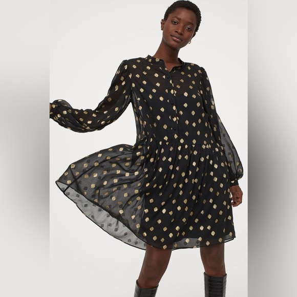 NWT, H&M size M,Elegant Black and Gold spotted Women's Dress. MIDI - Picture 1 of 7